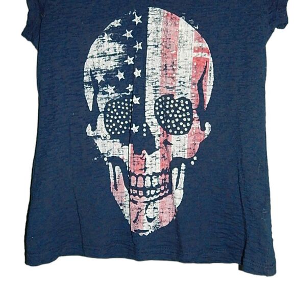 SELF ESTEEM women's junior's small 3/5 navy blue patriotic skull burnout t-shirt - Picture 3 of 10